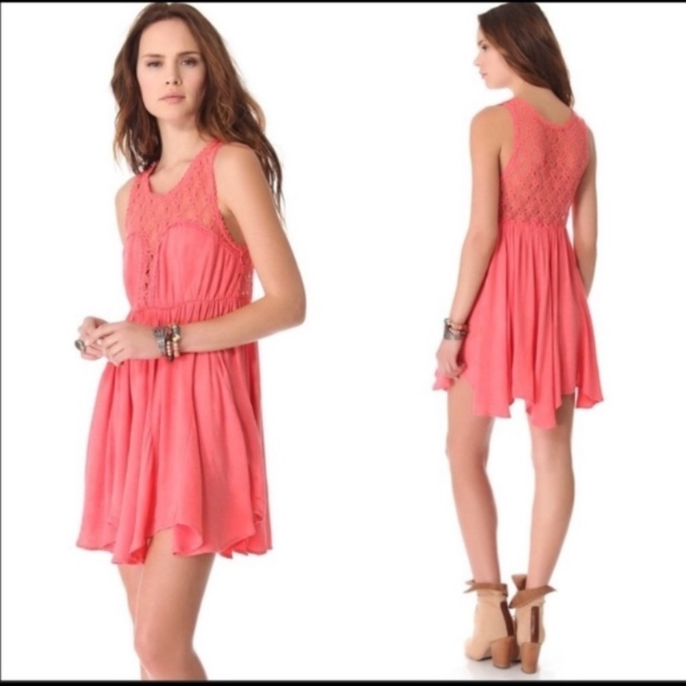 Free People Crochet Embroidered Coral  Lace Fit & Flare Mini Dress sz XS